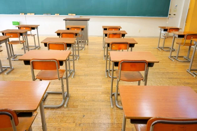 School classroom with school desks and blackboard in Japanese high school