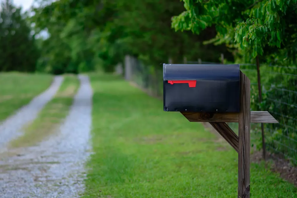 A large mailbox with the flag down along a gravel road.